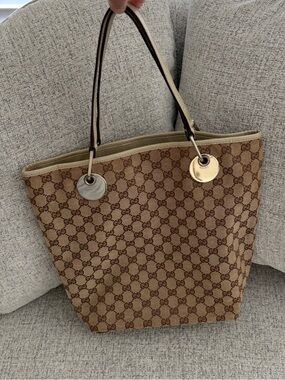 Gucci Beige/Brown GG Canvas Tote with Leather Trim